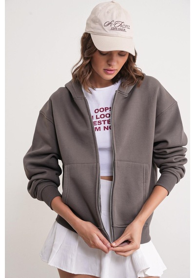 Mixray 2023 Unisex 3iplik Basic Polarlı Fermuarlı Sweatshirt Hoodie Antrasit
