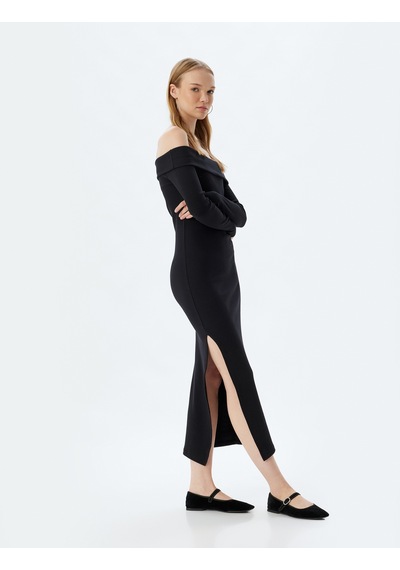 Koton Midi Elbise Fitilli Kayık Yaka Yırtmaç Detaylı Slim Fit Uzun Kollu Siyah 5wal80057ık Siyah Koton Midi Elbise Fitilli Kayık Yaka Yırtmaç Detaylı Slim Fit Uzun Kollu Siyah 5wal80057ık Siyah