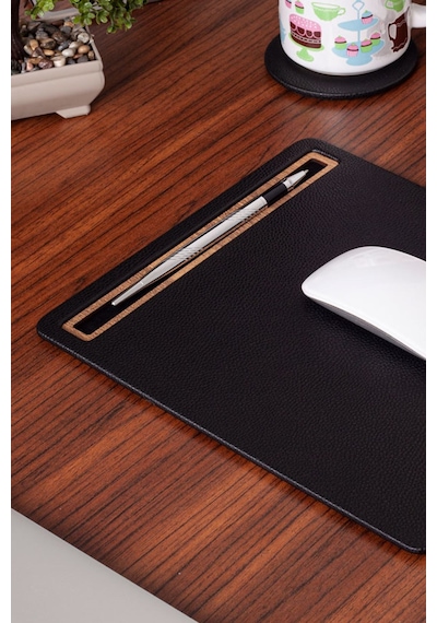 Turgut Office Deri Mousepad Siyah Ahşap Detaylı