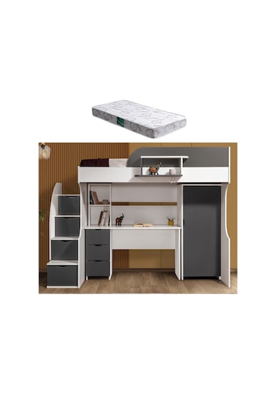 Ranza, Litera Ranza Dolap Çalışma Masası Beyaz - Antrasit + 1 Adet Comfort Yatak 90 x 190 Cm Ranza, Litera Ranza Dolap Çalışma Masası Beyaz - Antrasit + 1 Adet Comfort Yatak 90 x 190 Cm
