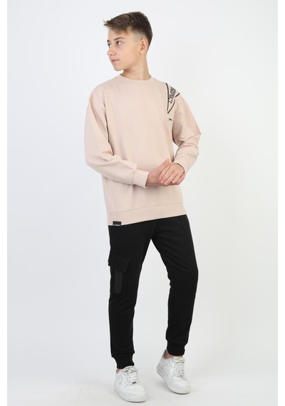 Mevsimlik Respect Baskılı 2 İplik %100 Pamuk 2 İplik Uzun Kollu Erkek Çocuk Sweatshirt-90931 Bej