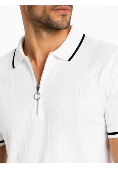 DefyModa Erkek Fitilli Triko T-shirt Polo Yaka Yarım Fermuarlı Kısa Kollu Tişört - Beyaz