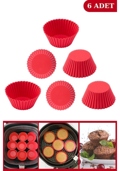 Silicolife Airfryer Pişirme Kabı, 6’lı Muffin Kek Kalıbı ve Sprey Cam Yağlık- Tüm Fritözlerle Uyumlu