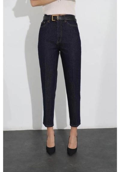 Koyu Mavi Likralı Mom Fit Rahat Kesim Jean Kot Pantolon Koyu Mavi