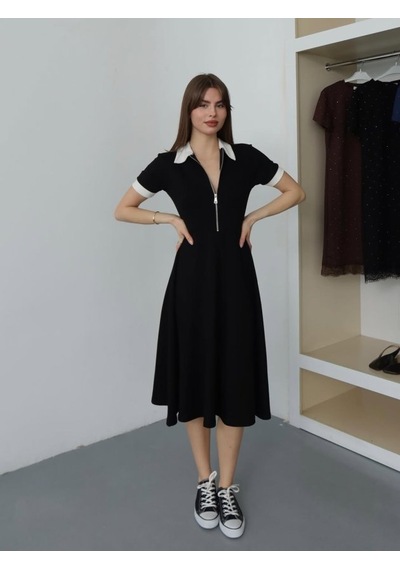 Etiler Collection Kadın Polo Yaka Fermuar Detaylı Modal Midi Elbise Siyah