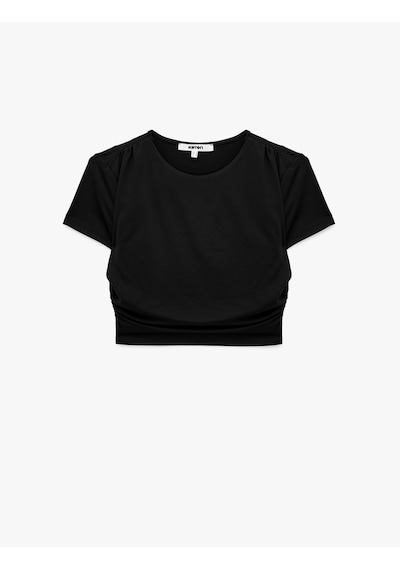 Koton Drape Detaylı Slim Fit Bisiklet Yaka Kısa Kollu Crop Tişört Siyah 6sak50066pk
