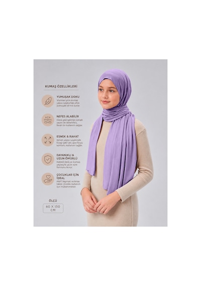 Sonbaharmoda Kız Çocuk Penye Şal, Viskon Likralı, 60x150 Cm, 10-12 Yaş, Tesettür Şal. Lila