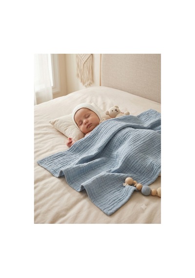 4 Katlı Müslin Bebek Battaniyesi 80x80 Cm - Bebek Örtüsü & Yeni Doğan Kundak Mavi - 905863270 Mavi