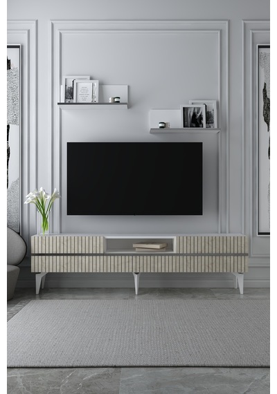 180dhdtrüç5btg Tedy Lazer Pleksi Desenli Raflı Tv Sehpası Ünitesi Beyaz-traverten-gümüş 180dhdtrüç5btg Tedy Lazer Pleksi Desenli Raflı Tv Sehpası Ünitesi Beyaz-traverten-gümüş