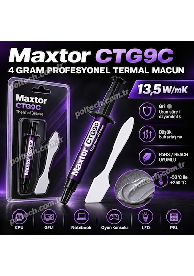 Maxtor Ctg9c 4gr 13.5 W/mk Yüksek Performanslı Termal Macun, Cpu Gpu İşlemci Ekran Kartı İçin, Intel Amd Ryzen Nvıdıa Uyumlu Thermal Grease, Spatula Ve Temizleme Mendilli