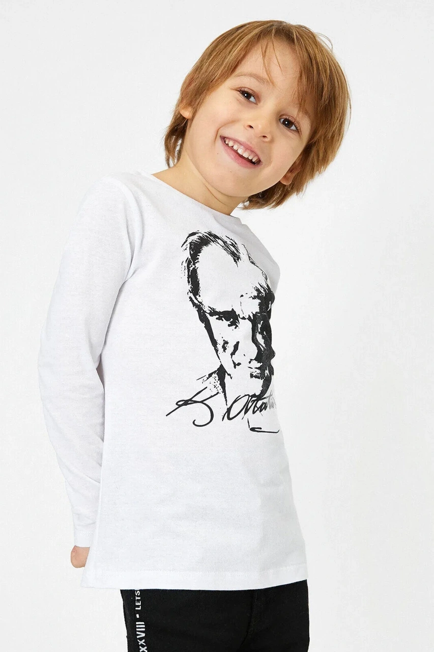 Unisex Atatürk Baskılı Uzun Kollu Beyaz Tişört 29 Ekim Cumhuriyet Bayramı Gösteri Çocuk Tişört Beyaz
