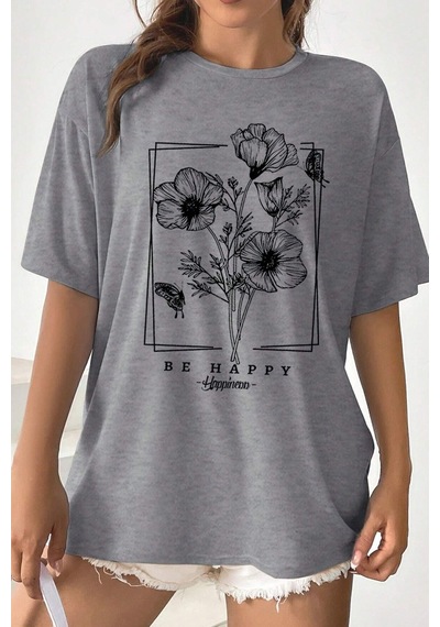 Uyguntarz Unisex Be Happy Baskılı Oversize Tshirt Gri