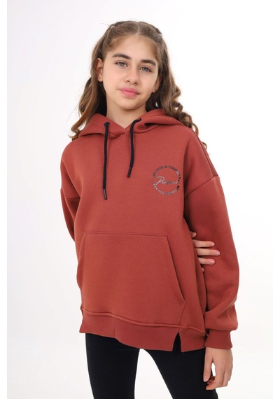 Toontoy Kız Çocuk Oversize Kapüşonlu Cepli Düşük Omuz Baskılı Yırtmaçlı Sweatshirt - 3 İplik Şardonlu Kiremit Toontoy Kız Çocuk Oversize Kapüşonlu Cepli Düşük Omuz Baskılı Yırtmaçlı Sweatshirt - 3 İplik Şardonlu Kiremit