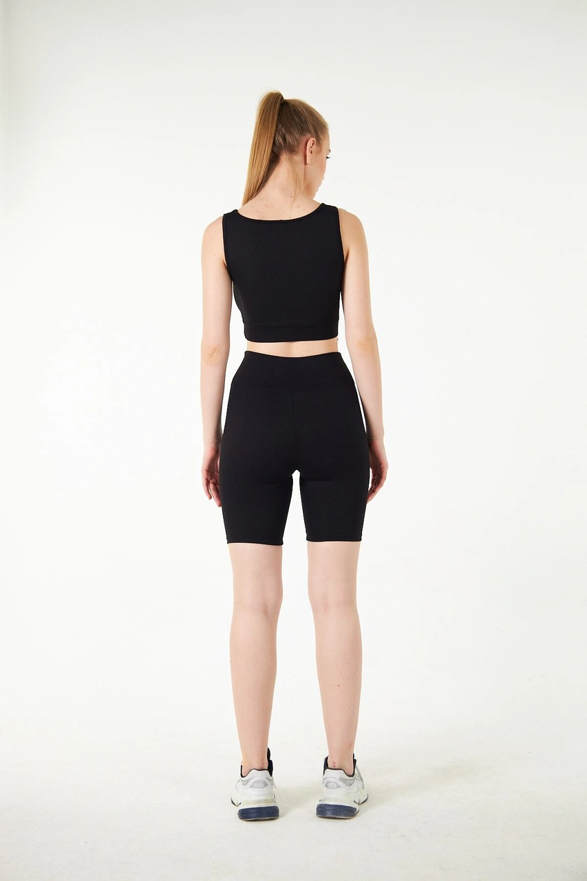 Thiff Gymwear Haki Yüksek Bel Toparlayıcı Kısa Şort Spor Fitilli Biker Tayt Siyah