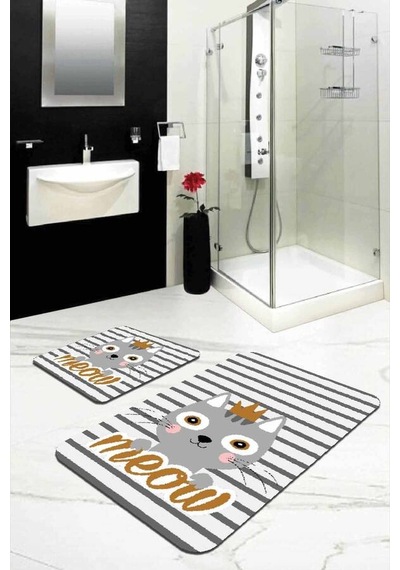 Gri Kedili Desen Banyo Halısı Klozet 2'li Paspas Seti Bs259n11
