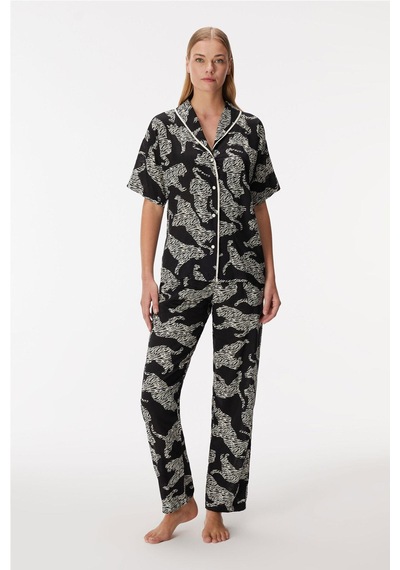 Anıl Zebra Kadın Kısa Kollu Önden Düğmeli Gömlek Pijama Takım Siyah