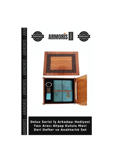 Delux Serisi İş Arkadaşı Hediyesi Yazı Aracı Ahşap Kutulu Mavi Deri Defter Ve Anahtarlık Set Çok Renkli