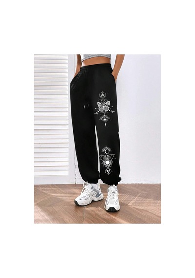 Tarzsokak Butterfly Print Elastic Waist 4 Mevsim Eşofman Siyah
