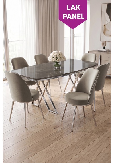Peras Serisi 90x160 Lak Panel Antrasit İroni Krom Ayaklı Masa Takımı 6 Sandalye Antrasit İroni Masa Cappucino Sandalye Peras Serisi 90x160 Lak Panel Antrasit İroni Krom Ayaklı Masa Takımı 6 Sandalye Antrasit İroni Masa Cappucino Sandalye
