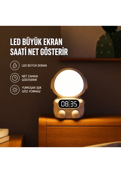 Astronot Led Dijital Çalar Saatli Gece Lambası Beyaz Renk, Büyük Ekran, Yumuşak Işık, Masaüstü Dekoratif Uyku Lambası Renkli