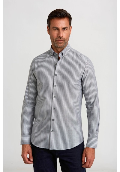 Bisse Modern Fit Düğmeli Yaka Çizgili Siyah Spor Erkek Gömlek Gmczg1622300205 D99 Siyah