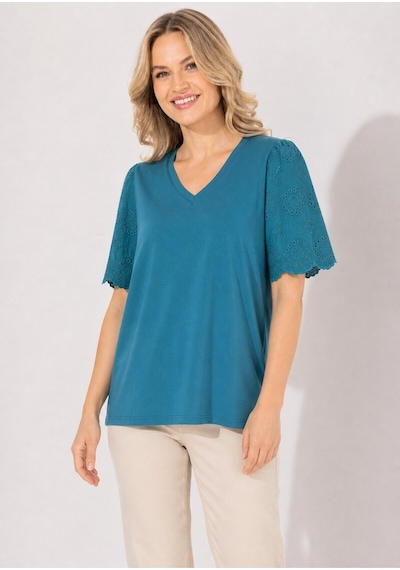 Mamayaga Kadın V Yaka Kolları Güpürlü Curve Büyük Beden Spor Şık %100 Cotton Tshirt Bluz Petrol Mavi Mamayaga Kadın V Yaka Kolları Güpürlü Curve Büyük Beden Spor Şık %100 Cotton Tshirt Bluz Petrol Mavi