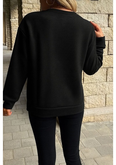 Caddekombin Kadın Büyük Kurdele Detaylı Bisiklet Yaka İçi Yünlü Siyah Sweatshirt Siyah