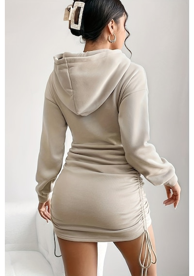 Merry See Kapşonlu Yandan Büzgülü Ayarlı Baskılı Uzun Oversize Sweatshirt Elbise Bej