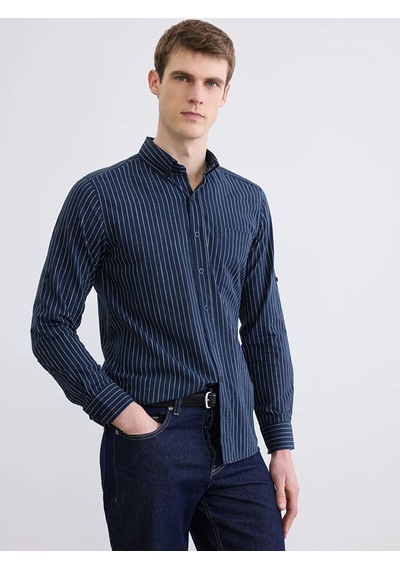 Lc Waikiki Lacivert Regular Fit Çizgili Erkek Keten Karışımlı Gömlek