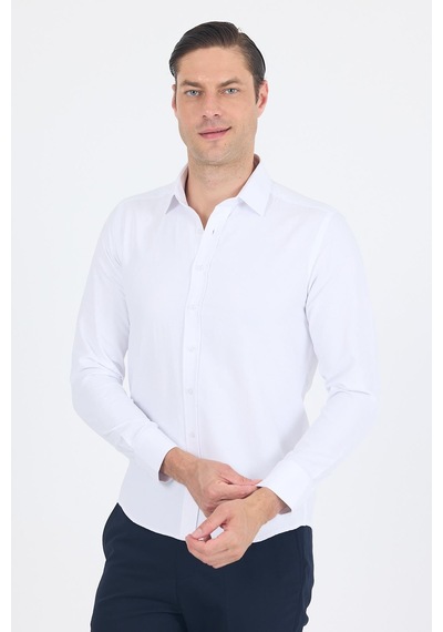 İmza Beyaz Sert Yaka Düz Classic Pamuklu Slim Fit Gömlek 1004250214 Beyaz