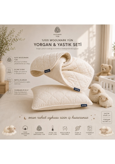 Viscolog %100 Woolmark Doğal Yün Bebek Uyku Yorgan ve Yastık Seti Tela Çantalı