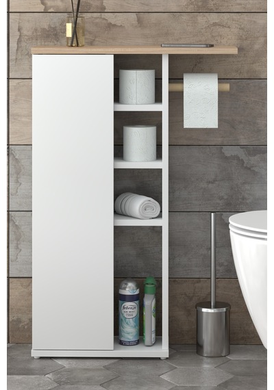 Dar Alanlar İçin Çok Amaçlı Klozet Yanı Banyo Dolabı - Raflı Kapaklı Tuvalet Kağıdı Askılı- Beyaz Beyaz