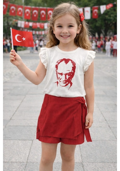 23 Nisan Atatürk Baskılı Tişört Şort Etekli Takım Kırmızı - Beyaz
