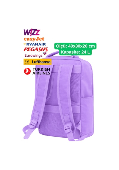 Jet Turtle Seyahat Sırt Çantası 40cm 40x25x15 Cm Pegasus, Wizz Air, Ryanair, El Valizi Koltuk Altı Valizi Lila