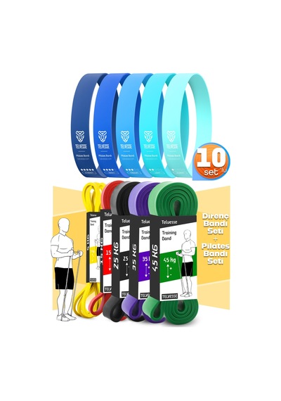10lu Tera Set 5+15+25+35+45 Kg + 5li Pilates Direnç Bandı Barfiks Lastiği Loop Band Mavi Ton Çok Renkli