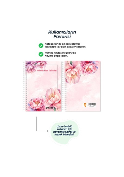 Pembe Çiçekler Spiralli Günlük Planlama Defteri - 100 Sayfa - 17x24 Planlayıcı Defter Beyaz - Bej