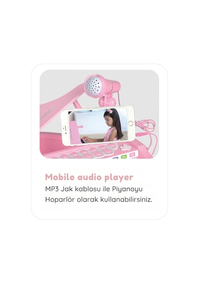 Mikrofonlu 24 Tuşlu Pembe Çocuk Piyanosu - Telefon Bağlantılı Eğitici Işıklı Org Müzik Seti