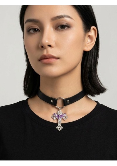 Kadın Gotik Haç Choker Kolye Siyah Deri Boyunluk, Taşlı Haç Kolye Ucu, Y2k Punk Gothic Kolye Mor