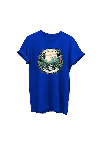 Tropikal Orman Ve Dağ Manzaralı Hunting Doğa Temalı %100 Pamuk Regular Fit Unisex T-shirt Mavi