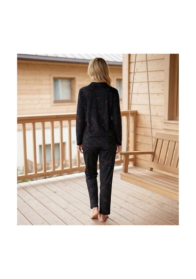 Pijamoni Kadın Süet Kumaş Önü Düğmeli Uzun Kollu Pijama Takımı Siyah Kalp Desenli