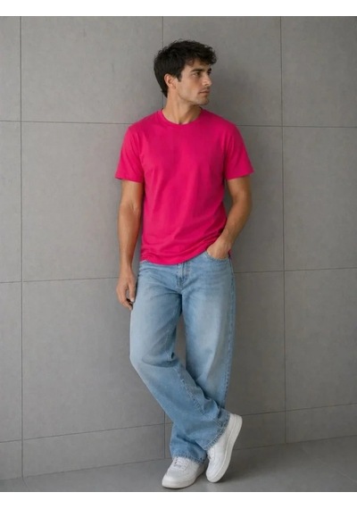 Defymoda Erkek Basic Pamuklu Tişört Bisiklet Yaka Düz Renk Regular Fit T-shirt - Fuşya