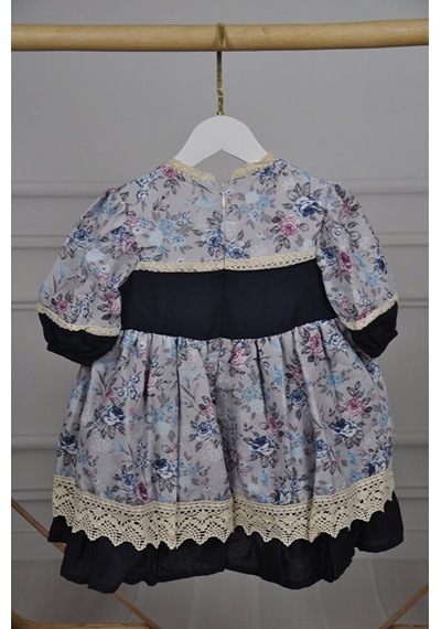 Dantelliçıtır Çiçek Desenli Vintage Elbise Mavi