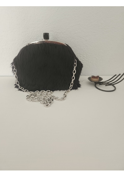 Fikriharika Design Siyah Tüylü , Metal Klipsli, Kadın El Çantası Siyah - Gümüş