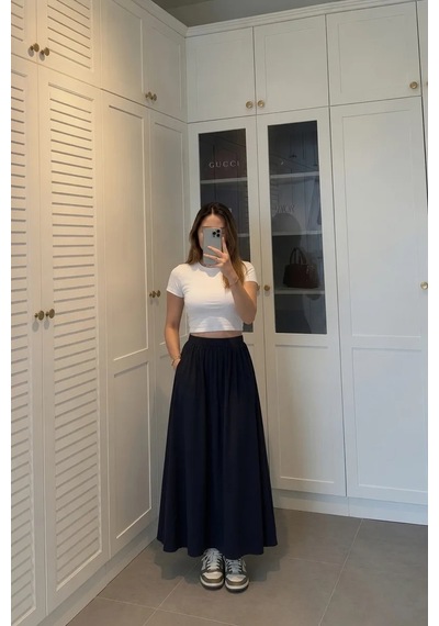 Kadın Lacivert Poplin Kumaş Uzun Etek Beli Lastikli Günlük Maxi Etek 90 Cm