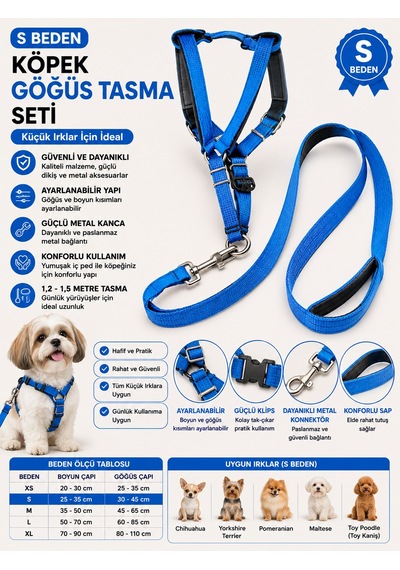 Köpek Göğüs Tasması Ve Sevk Kayışı Seti S Beden Küçük Irk İçi Pedli Ayarlanabilir - Mavi Çok Renkli