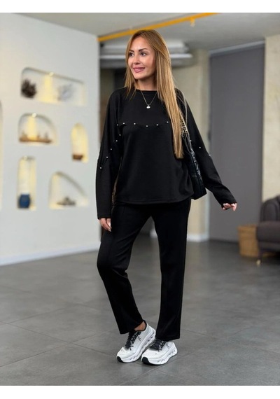Tua Moda Kadın Inci Detay Modal Kumaş Ikili Takım Siyah