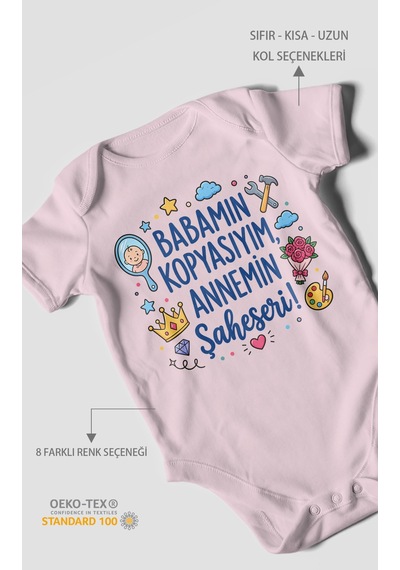 Morivokids Babamın Kopyasıyım Annemin Şaheseri Kısa Kollu Bebek Body %100 Pamuk Bebe Pembe