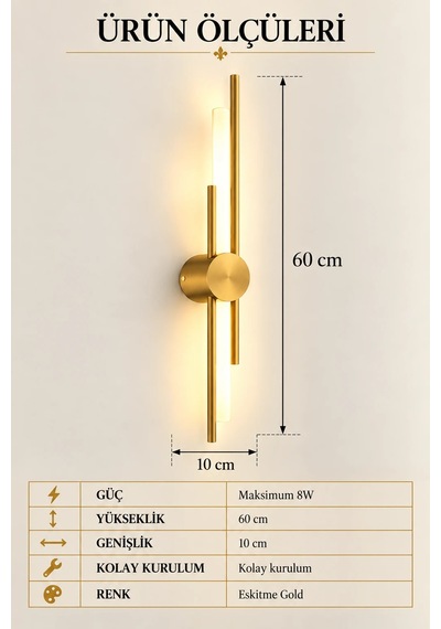Premıum Eskitme Gold Silindir Led Aplik 3 Renk Dekoratif Duvar Aydınlatması 8w 60 Cm