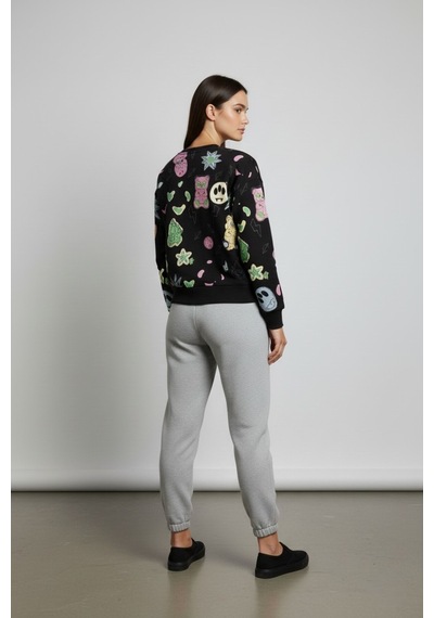 The Kadın Eğlenceli Baskılı %100 Pamuk 3 İplik Şardonsuz Sweatshirt - Bisiklet Yaka Basic Üst Siyah