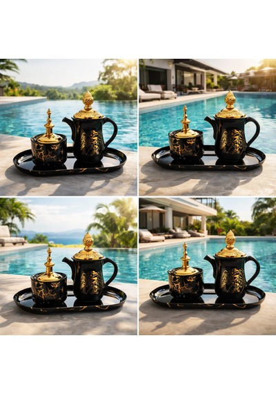 Banum Luxury Lüks Porselan Siyah Ve Altın Tonlu 3lü Set Tütsülük